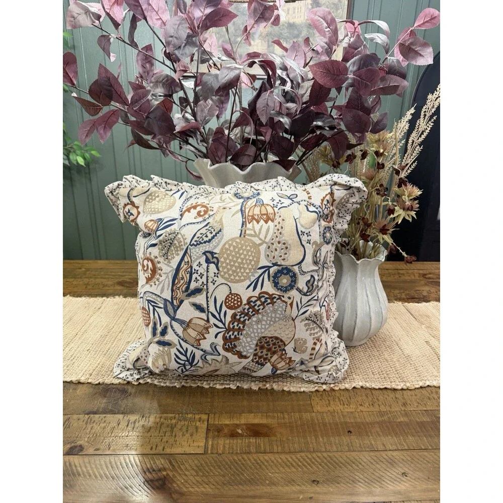 Square Bird in Nature Pillow Printed Reverse and Ruffle Trim neutral Threshold
